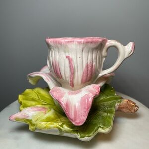 1980’s Capodimonte Floral Porcelain Teacup Espresso Cup Set Pink